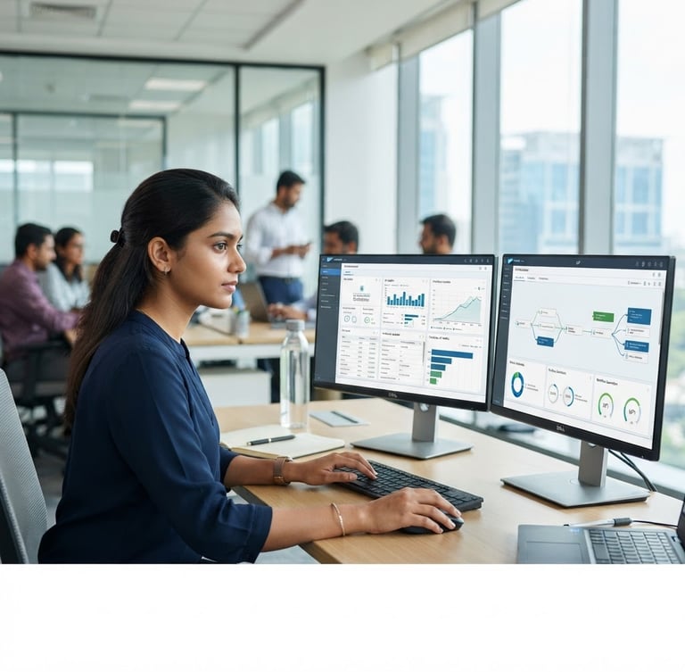 Professional Indian corporate setting, focused student working on a dual-monitor setup showing an SAP S/4HANA dashboard with AI integration elements, bright office lighting, sharp focus.