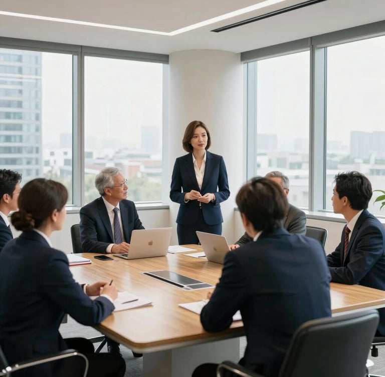 Modern corporate meeting room with clean architectural lines, professional mediators in active discussion, natural daylight streaming through large windows, 35mm