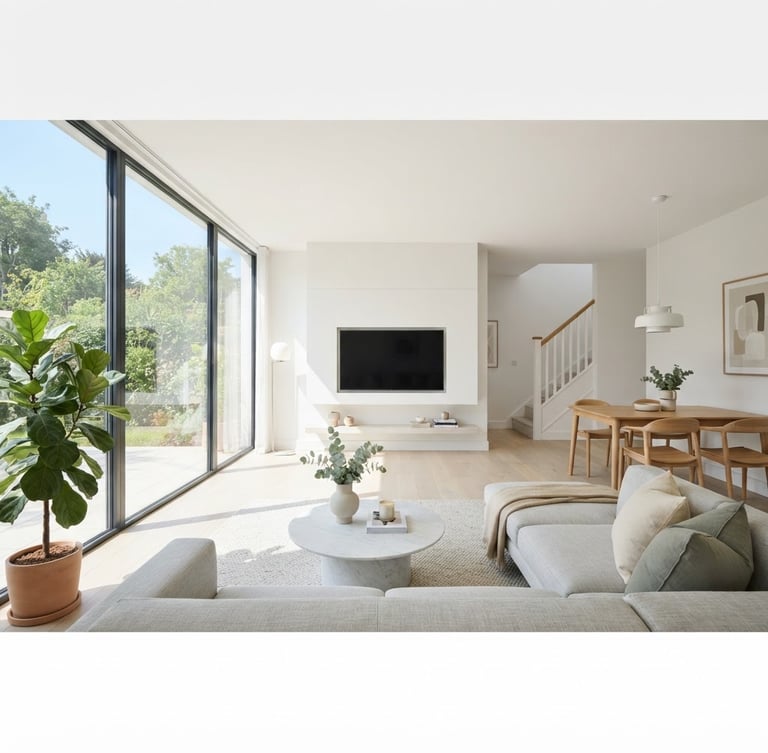 Wide-angle view of a modern, sunlit living room, impeccably clean, with light streaming through large windows, white walls, and minimalist decor, high-key, natural morning daylight.