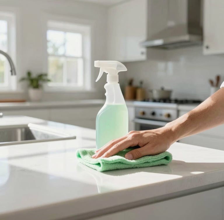 Professional cleaner meticulously wiping a sunlit kitchen counter with eco-friendly products, blurred background of a modern Salt Lake City home, bright high-key interior photography, natural morning daylight, clean white and soft green tones, sharp focus, architectural digest style