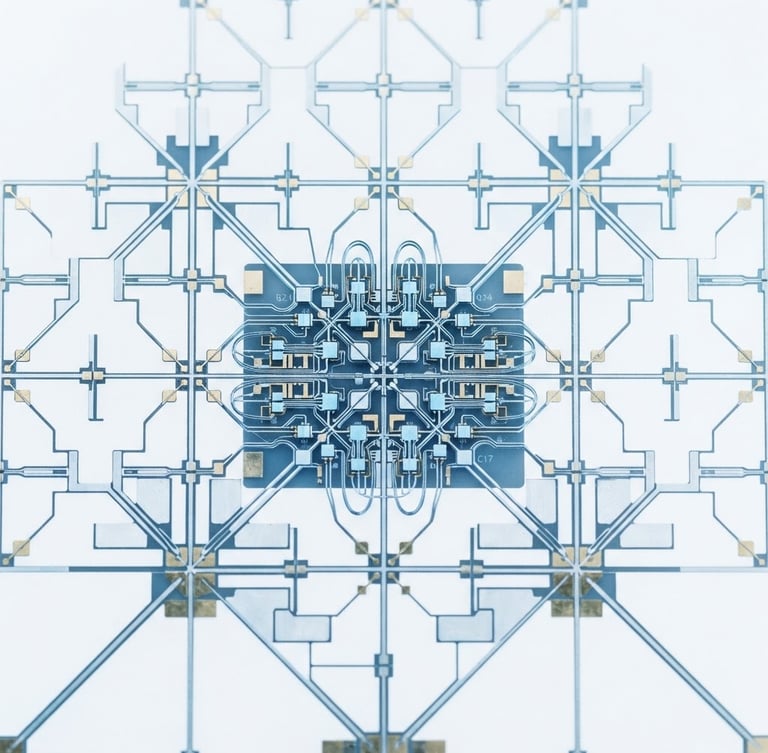 High-key minimalist technology photography, pure white background, crisp silver and ice-blue lighting, macro details of a flawless quantum computing lattice, 35mm