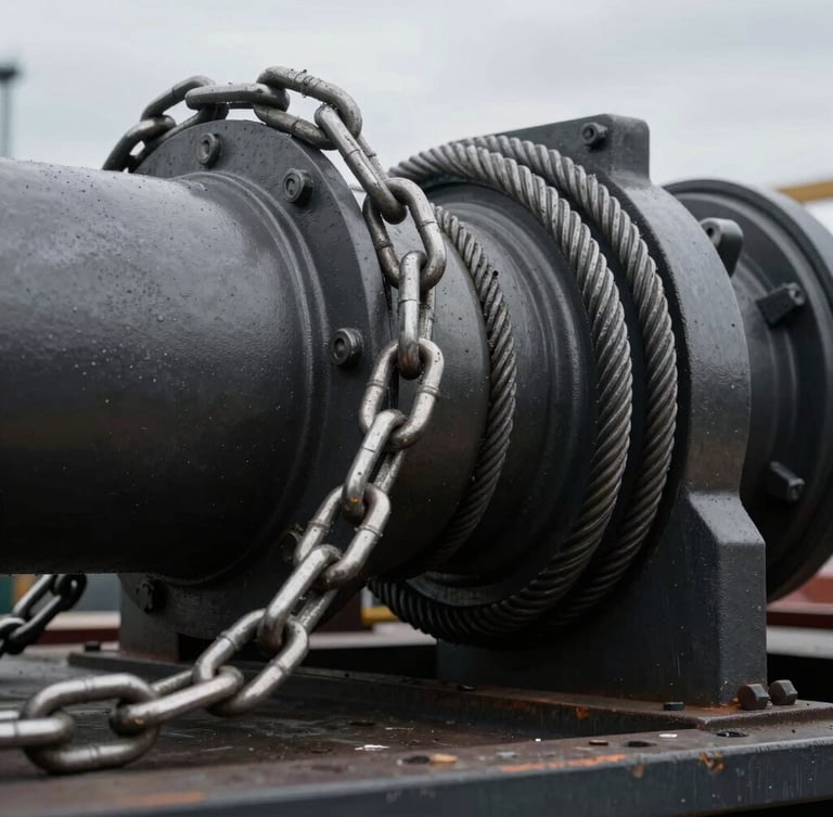 Macro detail of heavy steel tension chains securing a massive industrial component on a flatbed, high-contrast metallic tones, sharp details, 35mm lens
