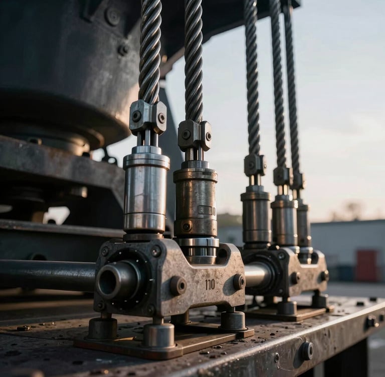 Macro close-up of heavy-duty steel tension chains and hydraulic fastening systems securing a massive industrial load on a flatbed, dramatic early morning sun, high-contrast metallic details, 35mm lens