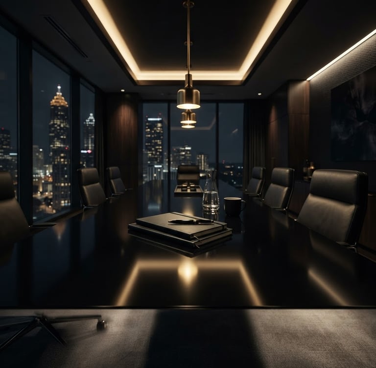 Sleek, dark-toned corporate meeting space in Atlanta, low-key dramatic studio lighting with soft golden highlights on a polished obsidian conference table, wide cinematic view, shallow depth of field.