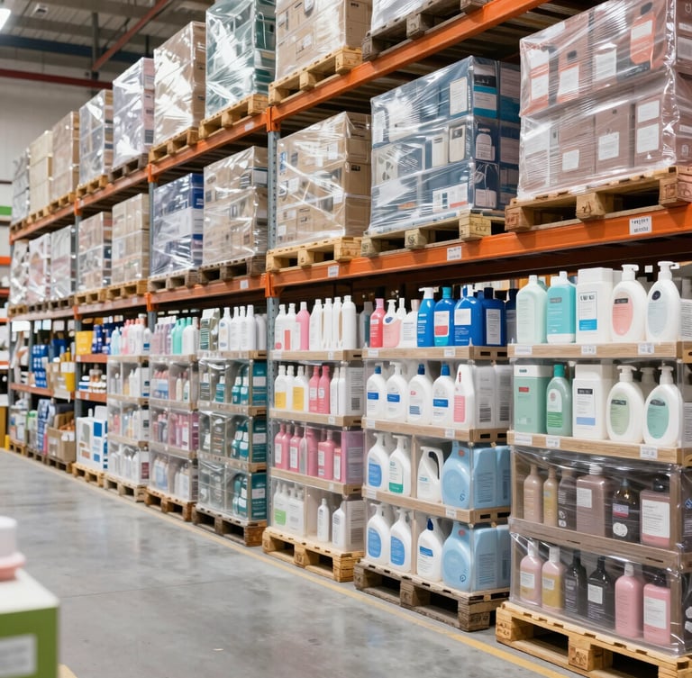 Brightly lit, highly organized commercial warehouse aisles with neatly stacked pallets of household goods and personal care items, clean modern industrial setting.