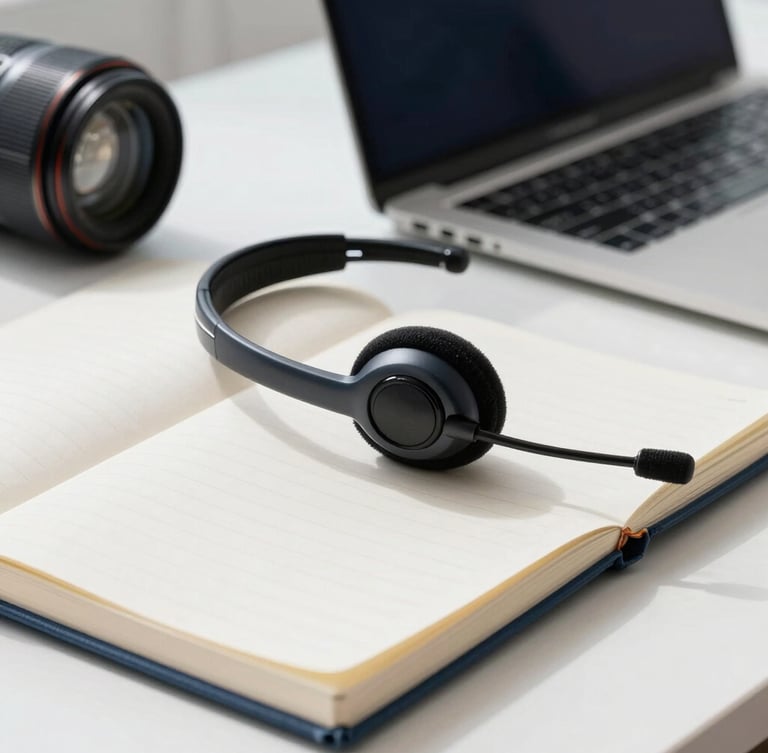 Close-up of a professional desk with modern communication tools, clean notebook, high-end headset, soft natural daylight, organized workspace, professional environment
