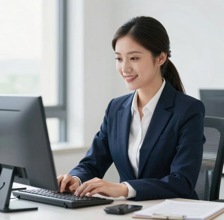Professional agent working in a bright, clean modern office, natural lighting, focused and welcoming expression, deep navy accents