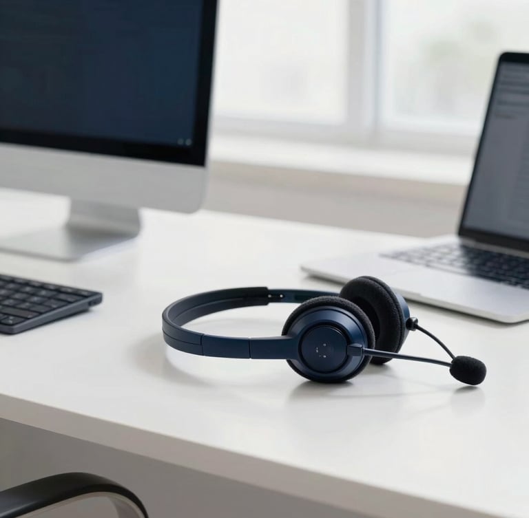 Clean corporate photography, professional remote workspace, headset on a clean desk, bright natural daylight, deep navy tones, 50mm lens