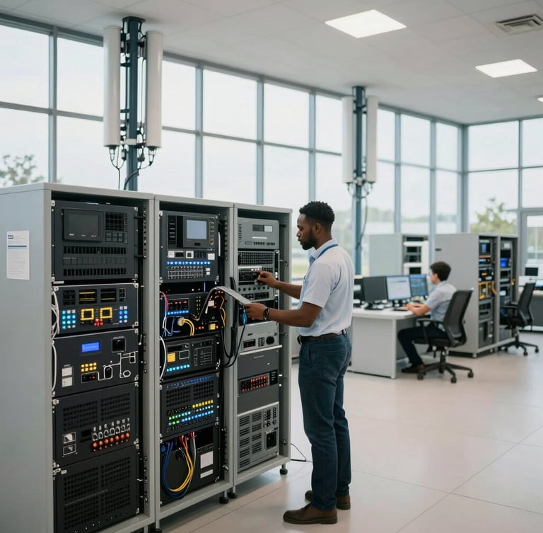 Wide environmental shot of a modern European telecom operations center, bright natural daylight, clean lines, a professional African engineer in the background focusing on network hardware.