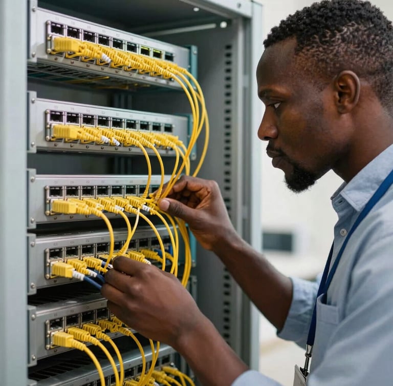 Medium close-up of a professional African network engineer focused on configuring a rack of fiber optic switches, bright natural daylight, high contrast.