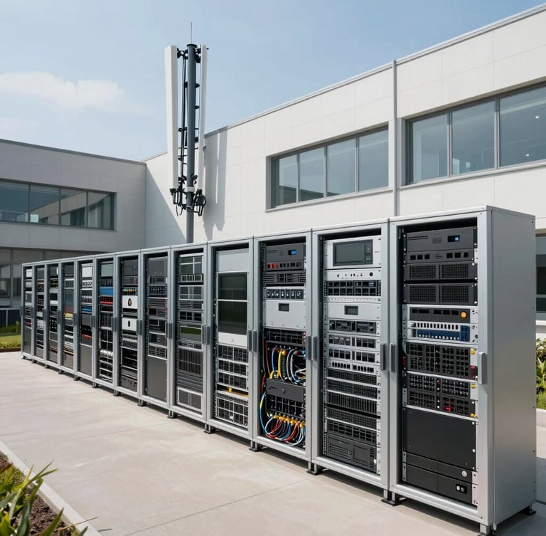 Wide environmental shot of a modern European telecom operations center, clean architectural lines, bright daylight, network hardware racks in background.