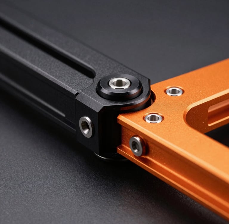Macro product photography of the ELEWORK lift's anodized aluminum joint and orange steel chassis, sharp focus, 50mm lens, dramatic high-contrast studio lighting.