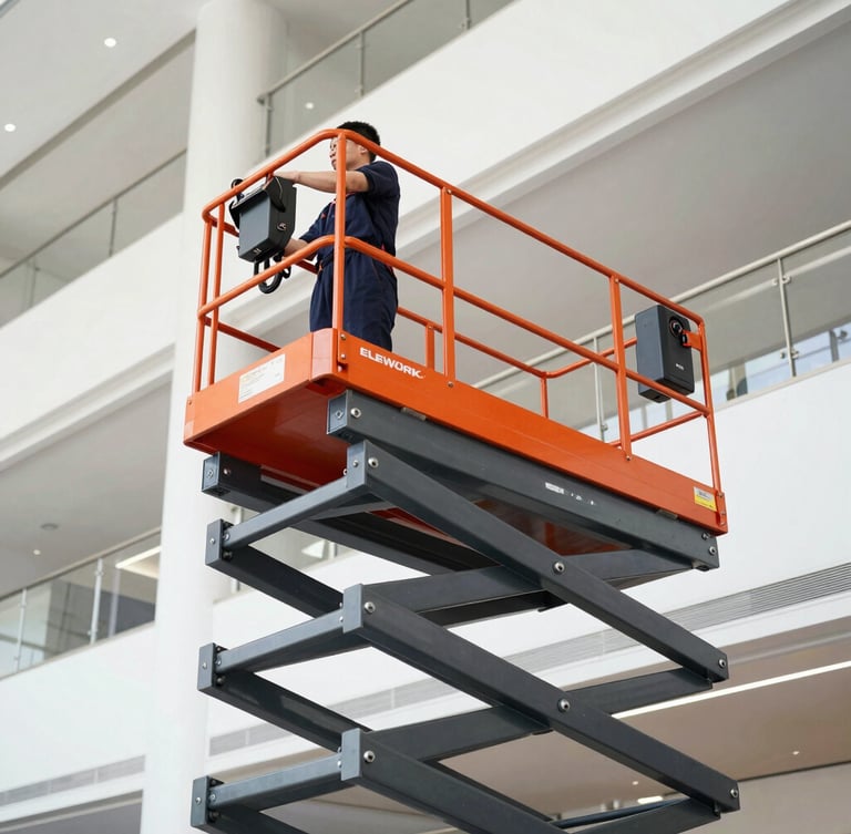 Low-angle side shot of a technician operating the ELEWORK lift inside a bright, modern corporate atrium, hands on the control panel, stable metal structure, clean lines, professional lighting