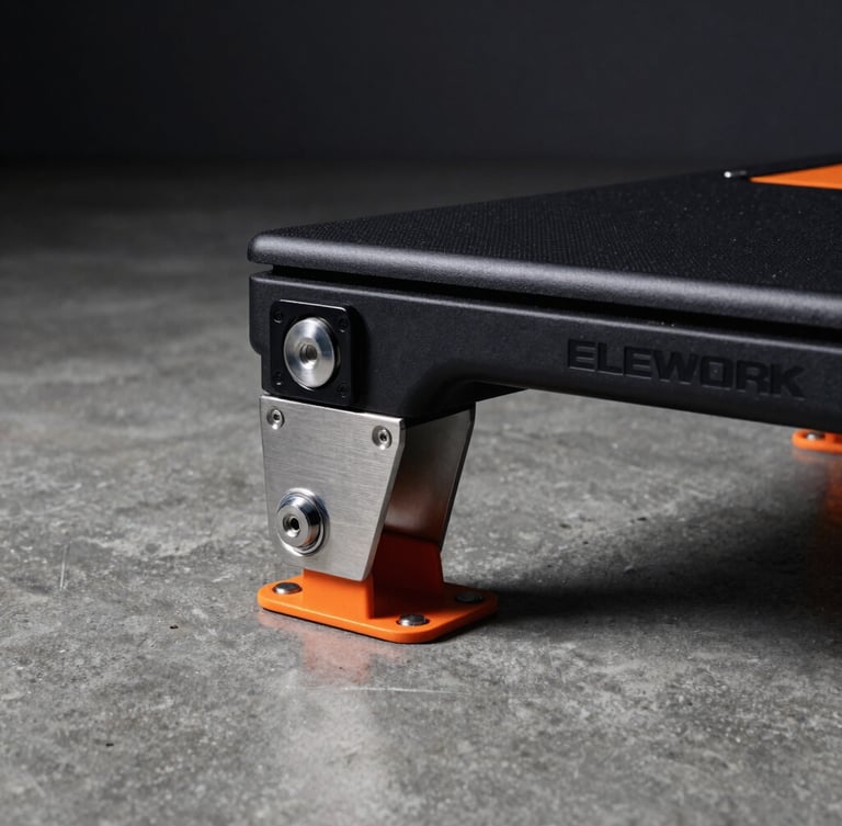 Close-up of the anodized metal dual-locking wheel system and orange stabilizer legs of the ELEWORK platform, locked firmly on a polished concrete floor, cool industrial lighting.