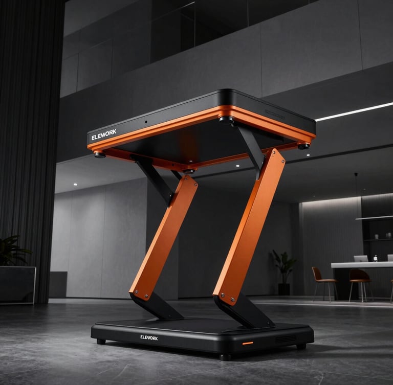 Sleek product photography of the ELEWORK electric lift, dramatic high-contrast studio lighting, matte black and metallic orange tones, sharp focus, low-angle shot showing absolute stability inside a modern architectural lobby.