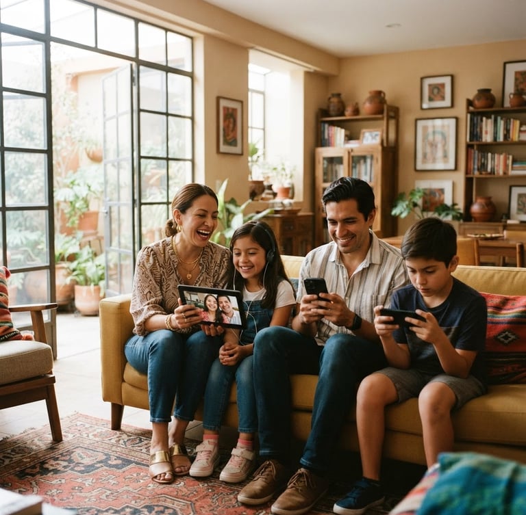 Bright editorial photography of a modern Mexican living room, natural daylight, a family happily streaming video on their devices, warm realistic tones, 35mm