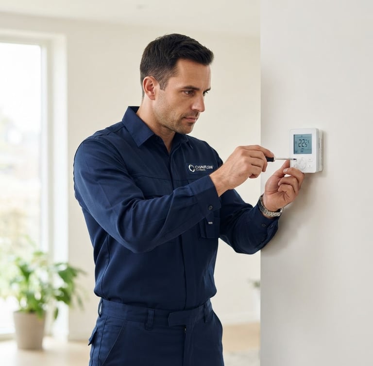 Crisp technical photography of a professional technician in clean uniform adjusting a sleek modern climate control unit on a clean wall, bright natural daylight, sharp focus, 35mm lens.