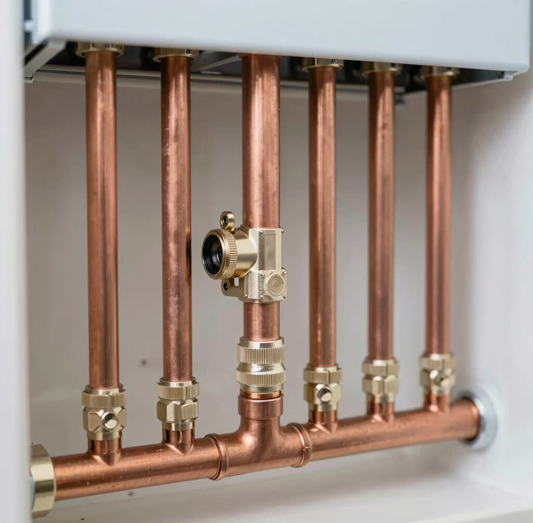 Close-up of a high-end technical installation, neatly organized copper pipes for gas heating, clean connections, sharp focus, 35mm lens