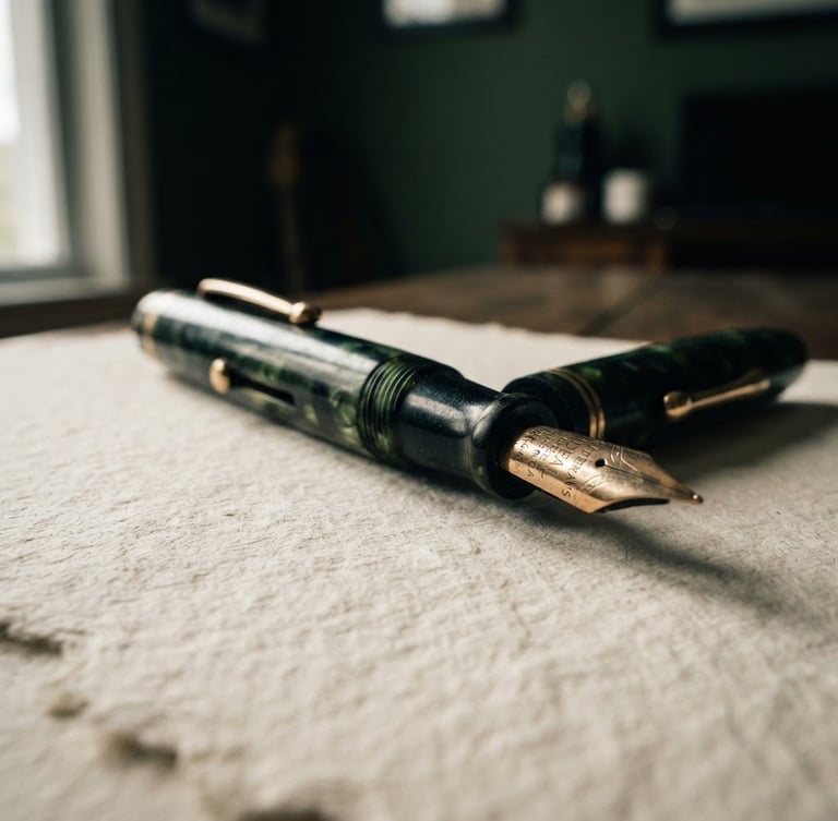 A macro close-up of a vintage fountain pen resting on heavy, textured cream cardstock, deep shadows, soft side window light, forest green undertones, 35mm