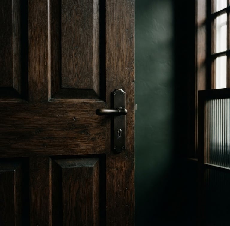 Architectural crop of a heavy oak boardroom door, soft directional window light, deep forest green and obsidian tones, 35mm