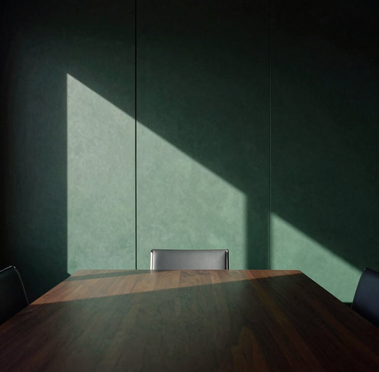 Moody architectural detail of a modern high-end boardroom, sharp diagonal shadows on dark wood, soft directional window light, 35mm.