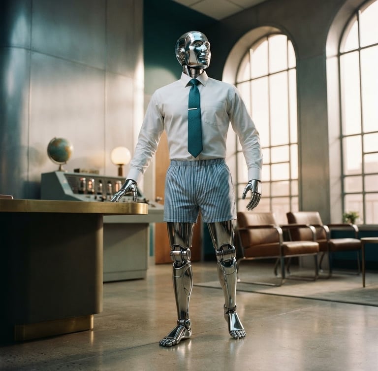 Low-angle heroic shot of Paul the chrome robot, wearing a crisp white shirt, turquoise tie, and boxer shorts, no pants. Gleaming chrome reflections, studio lighting, retro-futuristic office in background. Editorial fashion framing.