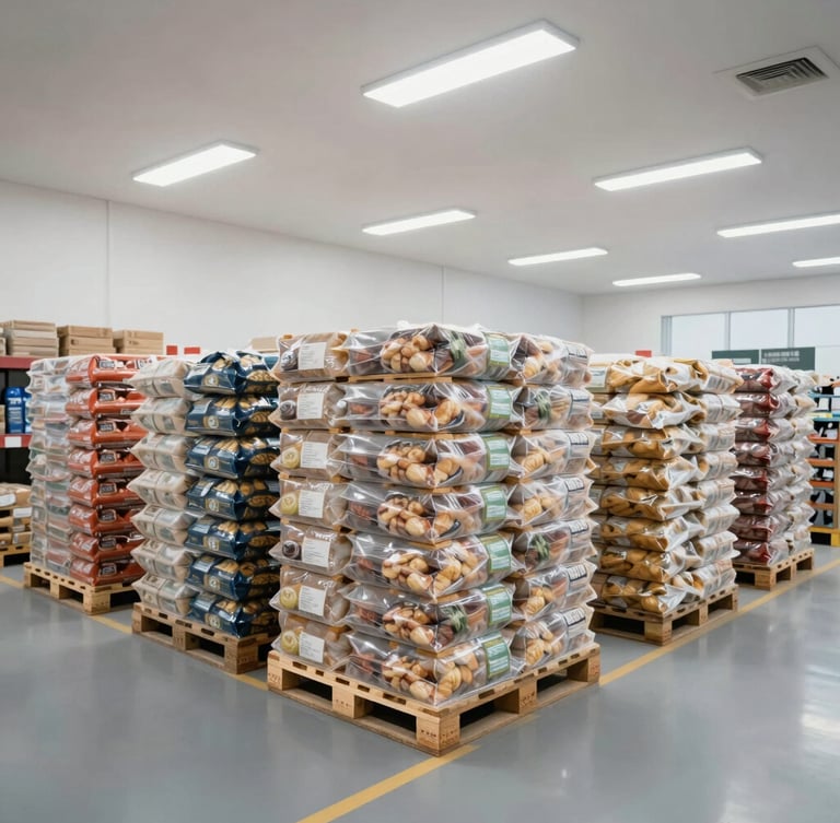 Wide-angle view of a modern, brightly lit temperature-controlled warehouse in Dubai, neatly stacked pallets of bulk foodstuff packages, clean clinical daylight, industrial logistics environment.