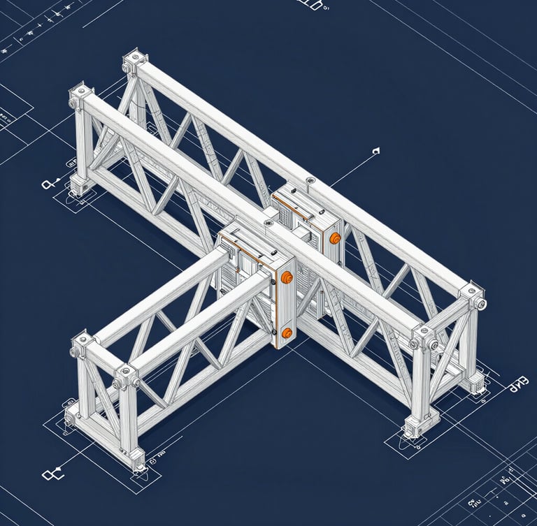 Detailed orthographic shop drawing of a massive steel truss connection, crisp white lines on a deep slate blueprint background.