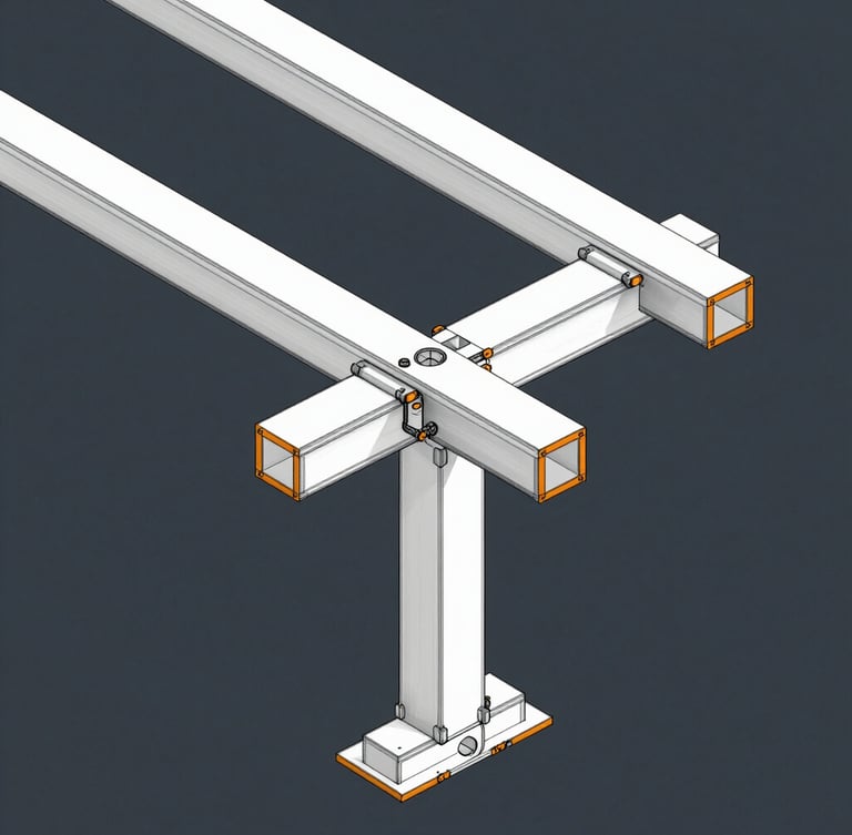 High-resolution 3D Tekla structural steel model wireframe, crisp isometric view of complex beam-to-column connections, industrial safety-orange highlights on a deep slate background