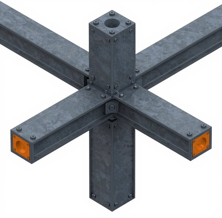 Crisp 3D CAD rendering of complex structural steel column-beam connections. High-contrast digital rendering light, detailed isometric view showing precise welds and bolts. Cool slate and industrial safety-orange accents, clean technical wireframe overlay.