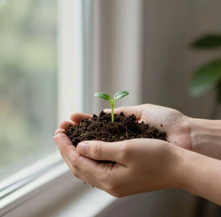 Soft natural window light, hands holding a rich clump of dark soil with tiny green sprouts, shallow depth of field, 35mm editorial photography.