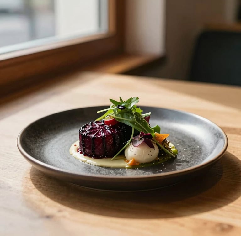 Editorial close-up of a beautifully plated seasonal dish on a dark ceramic plate, warm natural window light casting soft shadows, Scandinavian restaurant interior with wooden accents in the background, shallow depth of field, 35mm photography