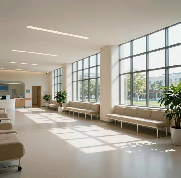 A wide environmental shot of a modern outpatient medical clinic, soft natural daylight streaming through large windows, clean architectural lines, minimalist aesthetic.