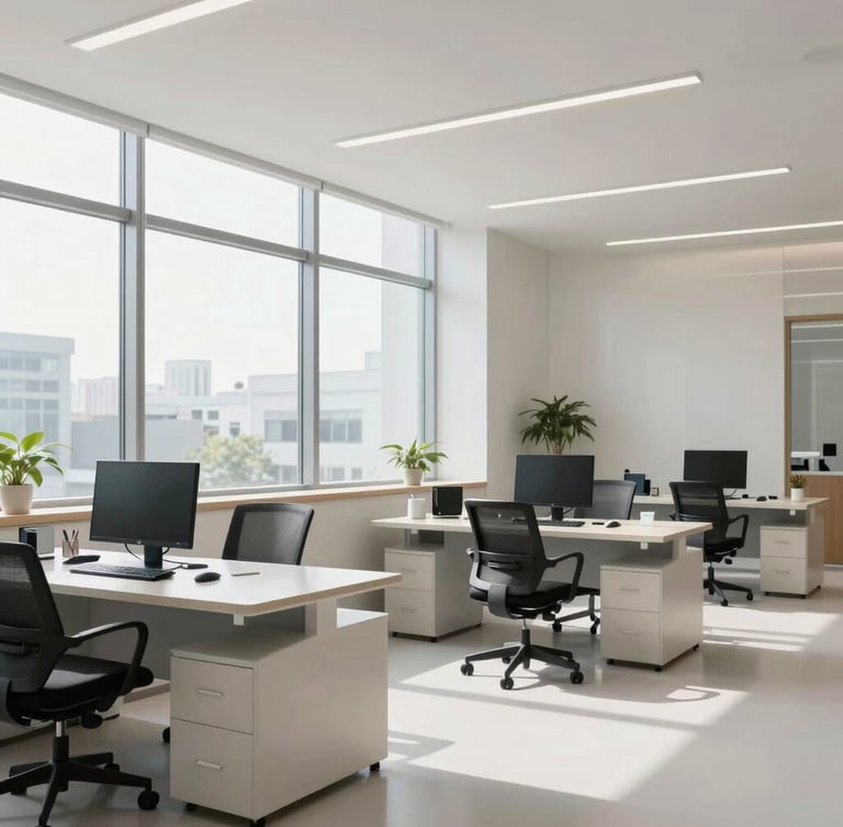 A bright, modern clinical office with soft natural light streaming through large windows, clean architectural lines, and organized professional workspaces.