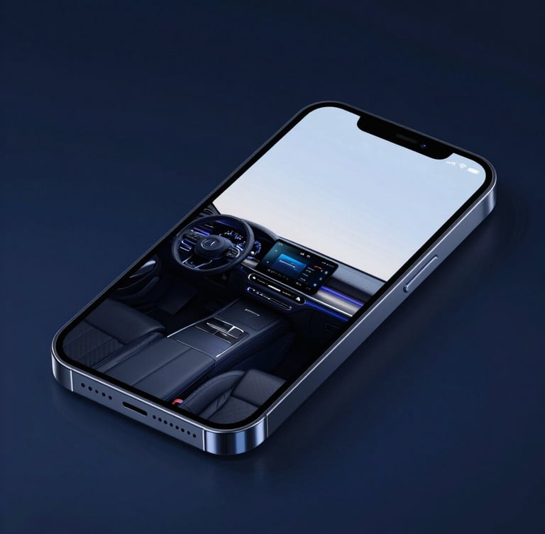 Angled perspective of a sleek smartphone mockup displaying a luxury interior design portfolio, sharp focus, dark blue ambient backlighting, glowing glass borders