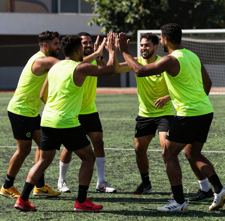 Dynamic action shot of a mixed-gender quadball team huddle on a green field in Lima, high-contrast outdoor daylight, players smiling and high-fiving, 35mm film grain.