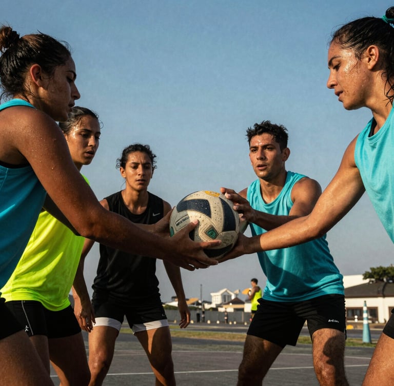 Low-angle dynamic sports photography of diverse quadball players in Lima, sweat-glistening faces, holding the game ball under dramatic late-afternoon sun, vibrant neon cyan accents.