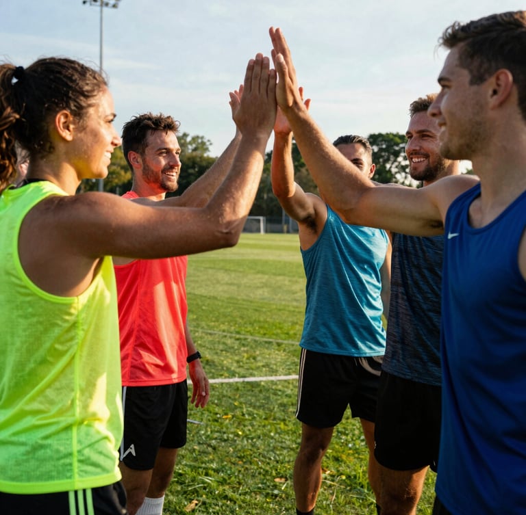 Group of diverse athletes high-fiving during a huddle on a green pitch, smiling faces, dramatic late-afternoon sun, vibrant neon accents