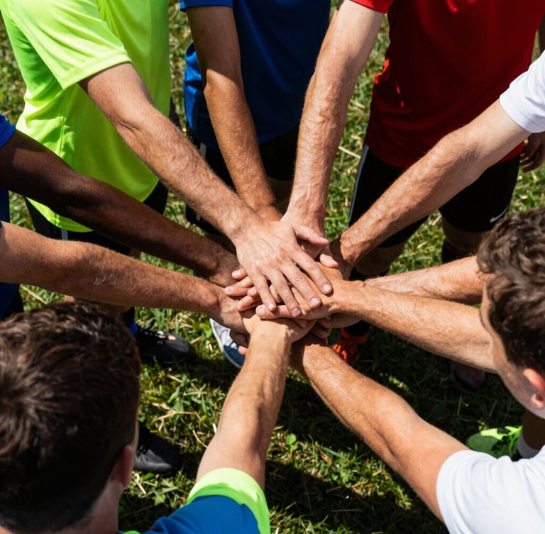 Close-up of a diverse group of athletes in high-contrast late-afternoon sun, hands stacked together in a team huddle on a grass field, vibrant athletic jerseys.