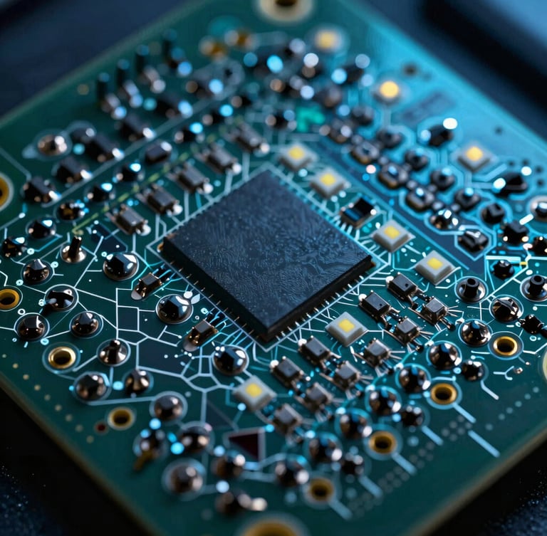 Extreme macro industrial photography of a high-density PCB, sharp cool-toned LED lighting, high-contrast dark slate and electric cyan, ultra-detailed 100mm lens showing microscopic solder joints.
