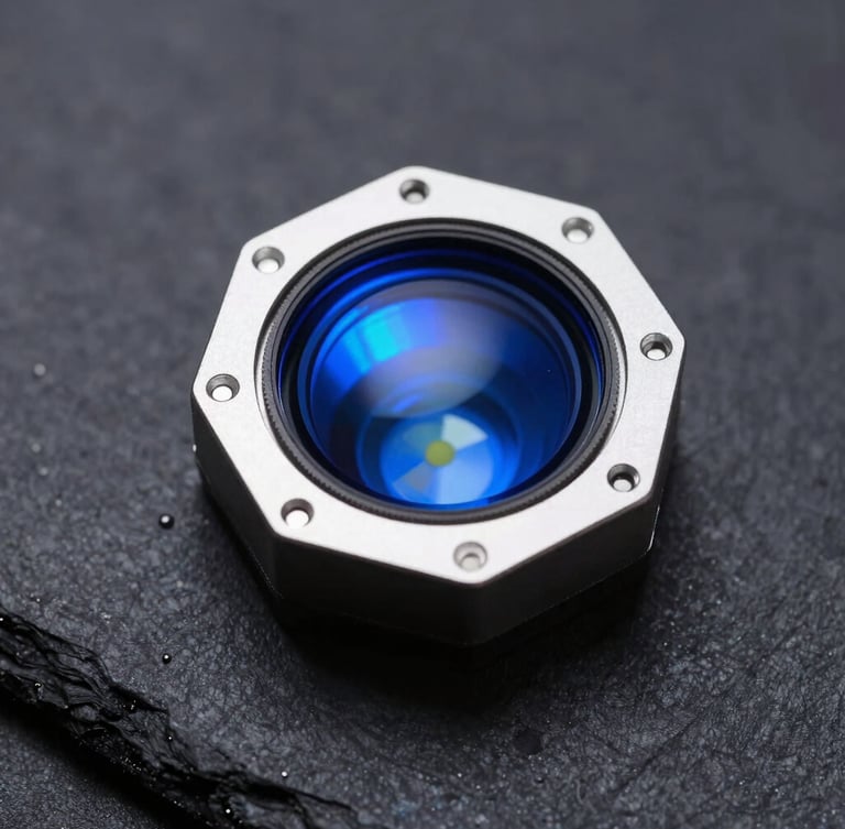 Macro industrial photography of a hexagonal optical sensor head with sharp blue LED highlights, high-contrast dark slate background