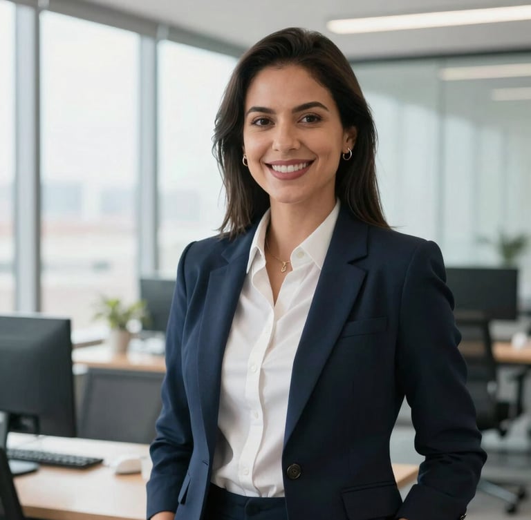 Professional corporate portrait of a Brazilian female HR director in a bright modern office, smiling confidently with soft natural window light, 35mm lens