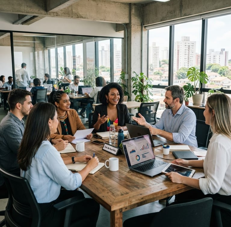 Professional corporate photography, bright natural office daylight, a modern business meeting in a high-ceilinged office in Campinas, diverse Brazilian team collaborating, 35mm lens