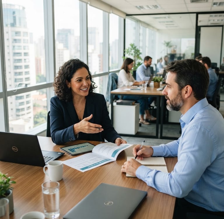 Modern Brazilian business partners discussing health benefits in a bright, sunlit office, professional corporate photography, 35mm lens
