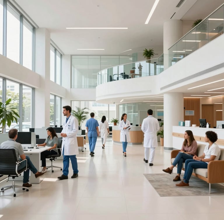 Modern, clean, and well-lit interior of a hospital lobby in São Paulo, with diverse medical staff and patients in a professional and calm setting. Bright natural office daylight, clean high-contrast tones, modern Brazilian business setting, 35mm lens.