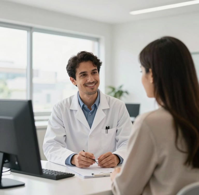 Clean modern medical facility interior in São José dos Campos, bright daylight, professional Brazilian doctor in a warm conversation with a patient, natural high-contrast tones
