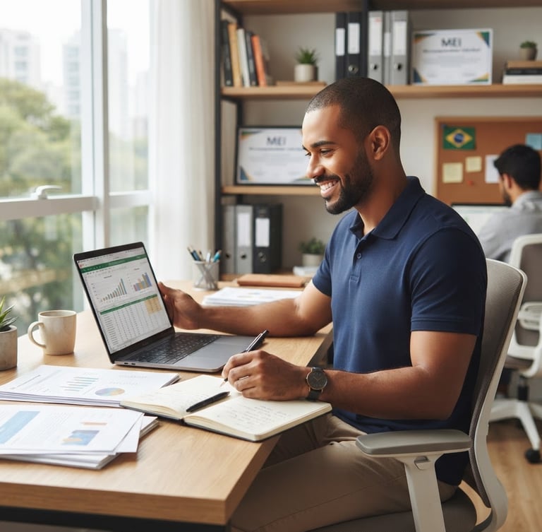 Microempreendedor individual trabalhando em seu escritório moderno, com um laptop e documentos, em um ambiente bem iluminado, transmitindo confiança e profissionalismo.