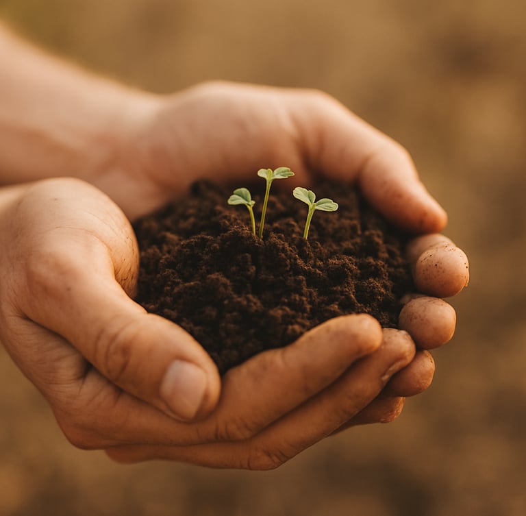 Hands gently holding raw, dark soil with tiny green sprouts, soft diffused daylight, shallow depth of field, warm editorial photography