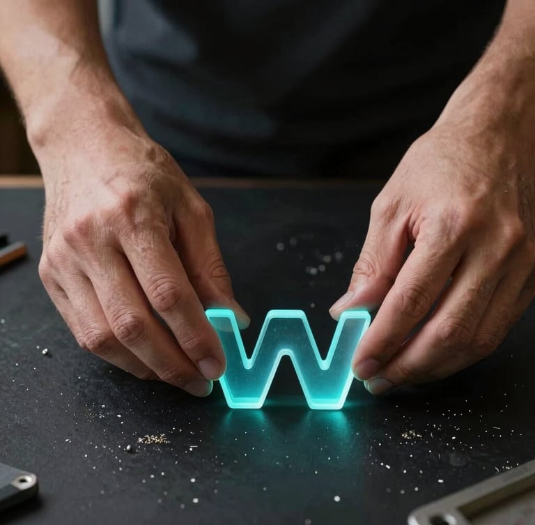 Close-up portrait framing, high-contrast twilight workshop lighting, hands bending a glowing cyan acrylic letter edge on a matte black workbench with metal filings scattered.