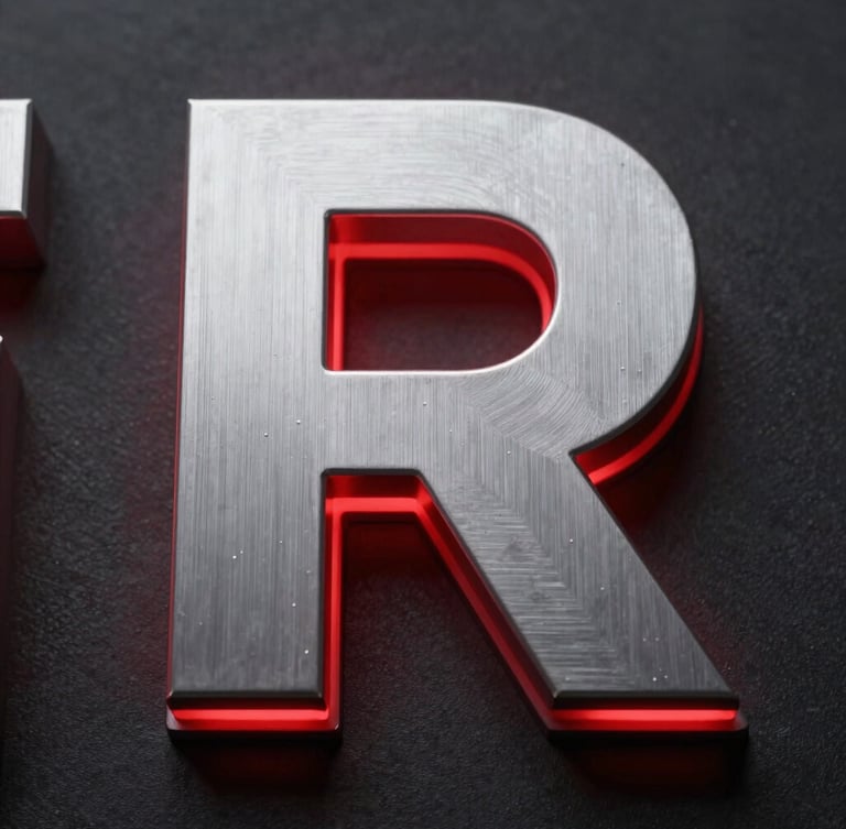 Extreme close-up of a 3D backlit metal letter glowing with a vibrant red LED edge, sharp focus on the brushed aluminum texture, dark background
